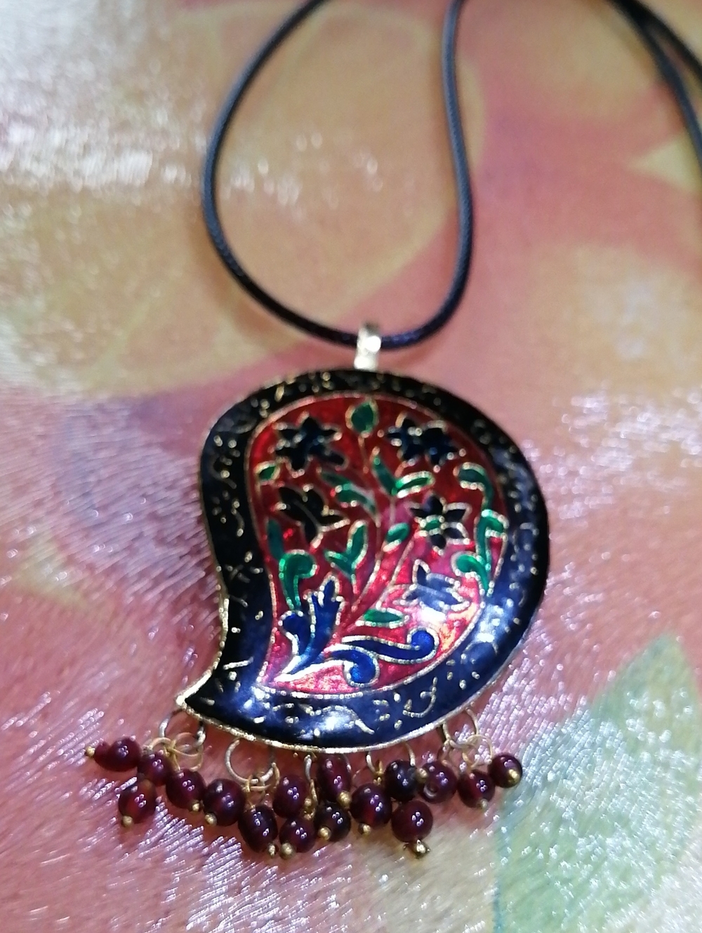 Cloisonne Meenakari Pausley Shaped Pendant With Small Beaded Fringe Necklace